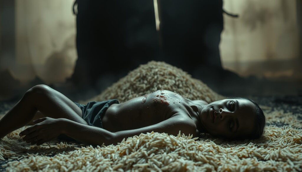 A disturbing scene of the health hazards posed by adulterated rice. In the foreground, a sickly figure lies prone, their body ravaged by the toxic effects of contaminated "oplosan" rice. Hazy, muted tones cast an ominous atmosphere, as if under a sickly pallor. In the middle ground, a pile of the suspect rice spills forth, its unsavory origins apparent. The background is shrouded in a grim, unsettling darkness, amplifying the sense of danger and foreboding. Dramatic, high-contrast lighting casts dramatic shadows, heightening the sense of unease. Shot with a cinematic, wide-angle lens to emphasize the scale and weight of the health crisis.