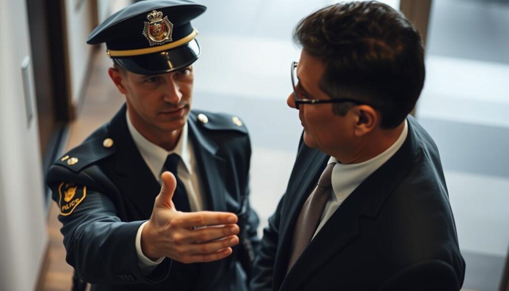 A high-angle shot of two government officials, one in a police uniform and the other in a suit, standing together in a formal, collaborative manner. The police officer gestures with an authoritative yet cooperative expression, while the suited official listens intently, their body language conveying a sense of coordination and shared purpose. The background is blurred, drawing the viewer's focus to the central figures, who are illuminated by soft, directional lighting that casts subtle shadows, emphasizing the solemnity and significance of their interaction. The overall mood is one of professionalism, partnership, and a shared commitment to upholding the law.