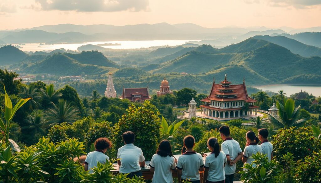 A serene and contemplative landscape depicting the historical development of environmental education in Indonesia. In the foreground, a group of students and educators engage in a classroom setting, surrounded by lush greenery and natural elements. The middle ground showcases iconic landmarks, such as traditional Indonesian architecture, symbolizing the cultural integration of environmental stewardship. In the background, a panoramic view of verdant hills and a shimmering lake, evoking a sense of harmony between people and nature. The scene is bathed in warm, golden light, creating a tranquil and introspective atmosphere, inviting the viewer to reflect on the rich tapestry of environmental education's past and its continued importance for the future. A serene and contemplative landscape depicting the historical development of environmental education in Indonesia. In the foreground, a group of students and educators engage in a classroom setting, surrounded by lush greenery and natural elements. The middle ground showcases iconic landmarks, such as traditional Indonesian architecture, symbolizing the cultural integration of environmental stewardship. In the background, a panoramic view of verdant hills and a shimmering lake, evoking a sense of harmony between people and nature. The scene is bathed in warm, golden light, creating a tranquil and introspective atmosphere, inviting the viewer to reflect on the rich tapestry of environmental education's past and its continued importance for the future.