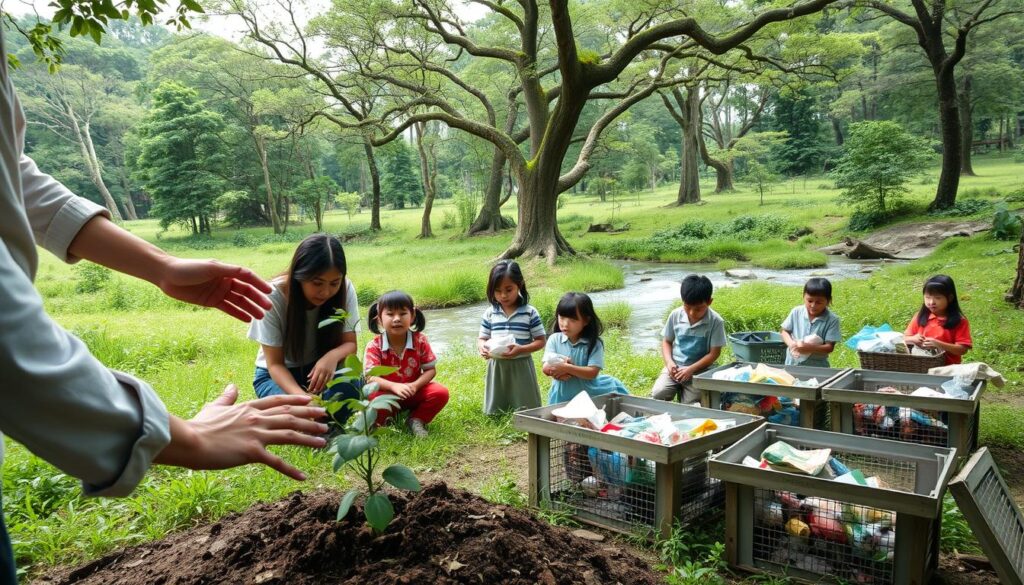 A serene outdoor setting, with a group of students engaged in various eco-friendly activities. In the foreground, a teacher demonstrates the proper way to plant a sapling, their hands gently guiding the students. In the middle ground, a group of children collect recyclable materials, sorting them into labeled bins. In the background, a lush, verdant landscape with towering trees and a clear, babbling stream sets the scene. Soft, diffused lighting illuminates the scene, casting a warm, educational atmosphere. The composition is balanced, with the subjects positioned to draw the viewer's eye through the frame. This image captures the essence of "metode pendidikan lingkungan", showcasing hands-on, immersive learning in a natural environment. A serene outdoor setting, with a group of students engaged in various eco-friendly activities. In the foreground, a teacher demonstrates the proper way to plant a sapling, their hands gently guiding the students. In the middle ground, a group of children collect recyclable materials, sorting them into labeled bins. In the background, a lush, verdant landscape with towering trees and a clear, babbling stream sets the scene. Soft, diffused lighting illuminates the scene, casting a warm, educational atmosphere. The composition is balanced, with the subjects positioned to draw the viewer's eye through the frame. This image captures the essence of "metode pendidikan lingkungan", showcasing hands-on, immersive learning in a natural environment.