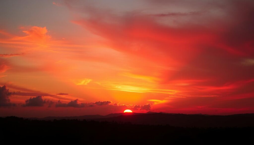 A beautiful sunset sky over Pandeglang, showcasing intense red hues that echo the phenomenon of Rayleigh scattering. In the foreground, translucent wisps of clouds catch the vibrant light, creating a dynamic interplay of colors. The middle section features the warm golden rays of sunlight streaming diagonally through the air, diffusing into a spectrum of reds and oranges, illustrating the science of light scattering. In the background, gentle silhouettes of distant hills and trees frame the scene, enhancing the depth. Soft, ambient lighting creates a serene atmosphere while emphasizing the scientific beauty of light interacting with the atmosphere. Capture this moment with a wide-angle lens, showcasing both the sweeping sky and the tranquility of the natural landscape, inviting viewers to explore the phenomenon visually. A beautiful sunset sky over Pandeglang, showcasing intense red hues that echo the phenomenon of Rayleigh scattering. In the foreground, translucent wisps of clouds catch the vibrant light, creating a dynamic interplay of colors. The middle section features the warm golden rays of sunlight streaming diagonally through the air, diffusing into a spectrum of reds and oranges, illustrating the science of light scattering. In the background, gentle silhouettes of distant hills and trees frame the scene, enhancing the depth. Soft, ambient lighting creates a serene atmosphere while emphasizing the scientific beauty of light interacting with the atmosphere. Capture this moment with a wide-angle lens, showcasing both the sweeping sky and the tranquility of the natural landscape, inviting viewers to explore the phenomenon visually.