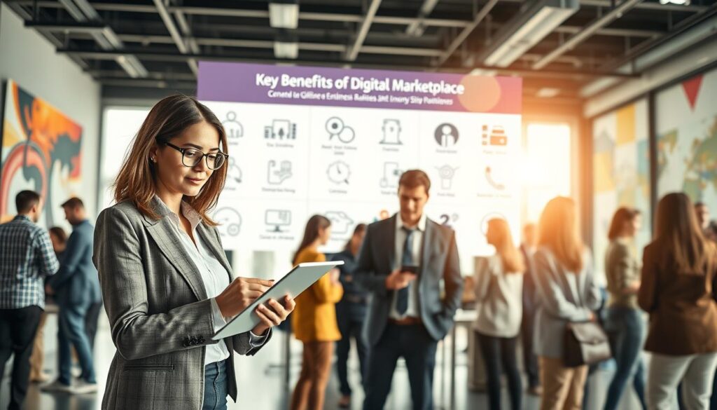 A bustling digital marketplace scene, showcasing a diverse group of professionals engaged in various aspects of digital business. In the foreground, a confident woman in business attire is analyzing graphs on a tablet, while a man beside her, dressed in smart casual clothing, discusses strategies with another colleague. In the middle ground, a vibrant digital display showcases key benefits of digital entrepreneurship, like global reach, flexibility, and cost-effectiveness, represented through icons and visuals. The background features a modern office environment with large windows, natural light flooding in, and abstract digital art on the walls. The atmosphere is energetic and motivating, depicting a shift towards digital innovation and collaboration in business. Camera angle is slightly elevated for a comprehensive view, with soft focus on the background to emphasize the professionals in action. A bustling digital marketplace scene, showcasing a diverse group of professionals engaged in various aspects of digital business. In the foreground, a confident woman in business attire is analyzing graphs on a tablet, while a man beside her, dressed in smart casual clothing, discusses strategies with another colleague. In the middle ground, a vibrant digital display showcases key benefits of digital entrepreneurship, like global reach, flexibility, and cost-effectiveness, represented through icons and visuals. The background features a modern office environment with large windows, natural light flooding in, and abstract digital art on the walls. The atmosphere is energetic and motivating, depicting a shift towards digital innovation and collaboration in business. Camera angle is slightly elevated for a comprehensive view, with soft focus on the background to emphasize the professionals in action.