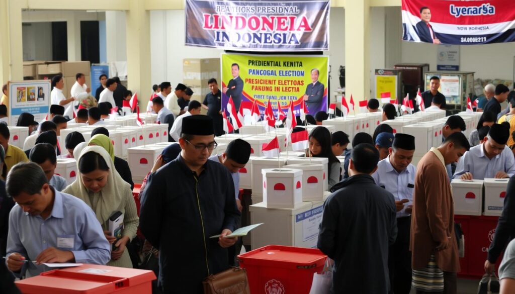 A bustling election scene in Indonesia, depicting citizens casting their votes at a polling station. In the foreground, a diverse group of voters, including men and women of various ages, dressed in professional attire and modest casual clothing, are focused on filling out their ballots. The middle ground features a colorful array of ballot boxes, adorned with Indonesian flags, showing engagement in the democratic process. In the background, a lively atmosphere with banners and posters highlighting the importance of the presidential election. Bright, natural lighting illuminates the scene, captured from a slightly elevated angle to emphasize the enthusiasm and civic responsibility. The overall mood is one of hope and participation, reflecting the significance of presidential elections in Indonesian democracy. A bustling election scene in Indonesia, depicting citizens casting their votes at a polling station. In the foreground, a diverse group of voters, including men and women of various ages, dressed in professional attire and modest casual clothing, are focused on filling out their ballots. The middle ground features a colorful array of ballot boxes, adorned with Indonesian flags, showing engagement in the democratic process. In the background, a lively atmosphere with banners and posters highlighting the importance of the presidential election. Bright, natural lighting illuminates the scene, captured from a slightly elevated angle to emphasize the enthusiasm and civic responsibility. The overall mood is one of hope and participation, reflecting the significance of presidential elections in Indonesian democracy.