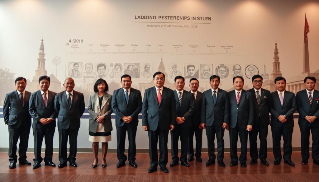 A historical depiction of the leadership periods in Indonesia, showcasing a timeline of Indonesian presidents in a professional setting. In the foreground, focus on a diverse group of individuals representing each president, dressed in professional business attire, standing confidently. The middle layer features a rich, detailed timeline wallpaper illustrating significant events, such as the declaration of independence and major reforms, intertwined with cultural motifs. The background displays iconic Indonesian landmarks like the National Monument under soft, warm lighting to evoke a sense of history and progress. This image captures a mood of respect, unity, and celebration, symbolizing leadership and governance in Indonesia, viewed from a slightly elevated angle for added depth and focus. A historical depiction of the leadership periods in Indonesia, showcasing a timeline of Indonesian presidents in a professional setting. In the foreground, focus on a diverse group of individuals representing each president, dressed in professional business attire, standing confidently. The middle layer features a rich, detailed timeline wallpaper illustrating significant events, such as the declaration of independence and major reforms, intertwined with cultural motifs. The background displays iconic Indonesian landmarks like the National Monument under soft, warm lighting to evoke a sense of history and progress. This image captures a mood of respect, unity, and celebration, symbolizing leadership and governance in Indonesia, viewed from a slightly elevated angle for added depth and focus.