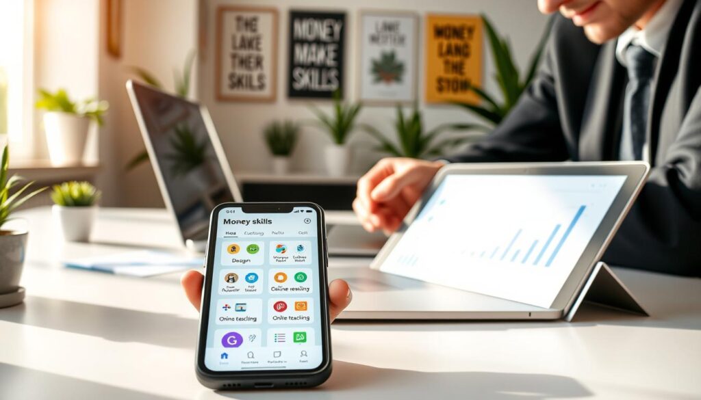 A modern workspace showcasing a sleek smartphone on a stylish desk, with a person in professional attire focused on using the device. The foreground features the smartphone displaying various apps related to money-making skills, like design, coding, and online teaching. In the middle, there's a laptop open with graphs and charts indicating potential earnings. The background includes a well-lit office with plants and motivational posters, creating an inspiring atmosphere. Soft, natural lighting filters through a nearby window, casting gentle shadows and highlighting the clean lines of the workspace. The overall mood is vibrant and energetic, emphasizing productivity and tech-savvy entrepreneurship. A modern workspace showcasing a sleek smartphone on a stylish desk, with a person in professional attire focused on using the device. The foreground features the smartphone displaying various apps related to money-making skills, like design, coding, and online teaching. In the middle, there's a laptop open with graphs and charts indicating potential earnings. The background includes a well-lit office with plants and motivational posters, creating an inspiring atmosphere. Soft, natural lighting filters through a nearby window, casting gentle shadows and highlighting the clean lines of the workspace. The overall mood is vibrant and energetic, emphasizing productivity and tech-savvy entrepreneurship.