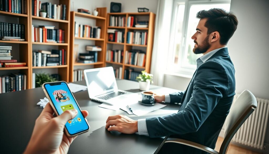 A professional individual sitting at a modern desk, engaged in managing an online business through a smartphone. The foreground features the smartphone, displaying a vibrant e-commerce app interface. The individual, dressed in smart casual attire, looks focused and confident, with a laptop and notes scattered on the desk. In the middle, there are elements of a cozy workspace, including a potted plant and a cup of coffee, suggesting productivity. The background shows a well-organized bookshelf filled with business and motivational books, enhancing the entrepreneurial atmosphere. Natural light streams in through a window, creating a bright and inviting ambiance, while soft shadows add depth to the scene. The composition captures the essence of modern online business management. A professional individual sitting at a modern desk, engaged in managing an online business through a smartphone. The foreground features the smartphone, displaying a vibrant e-commerce app interface. The individual, dressed in smart casual attire, looks focused and confident, with a laptop and notes scattered on the desk. In the middle, there are elements of a cozy workspace, including a potted plant and a cup of coffee, suggesting productivity. The background shows a well-organized bookshelf filled with business and motivational books, enhancing the entrepreneurial atmosphere. Natural light streams in through a window, creating a bright and inviting ambiance, while soft shadows add depth to the scene. The composition captures the essence of modern online business management.