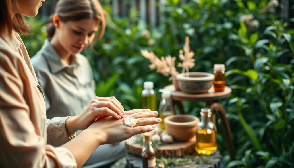 A serene and natural setting focused on the effective use of herbal remedies to treat warts. In the foreground, a professional, casually dressed person, depicted in a calm and approachable manner, is gently applying a natural ointment made from ingredients like garlic and apple cider vinegar onto a wart on their hand. The middle ground features a small table adorned with various herbal ingredients, including fresh garlic cloves, apple cider vinegar, and a mortar and pestle, all bathed in soft, warm lighting. The background showcases a tranquil garden filled with green plants, evoking a sense of healing and nature. A shallow depth of field emphasizes the foreground while softly blurring the background, creating an inviting and informative atmosphere.