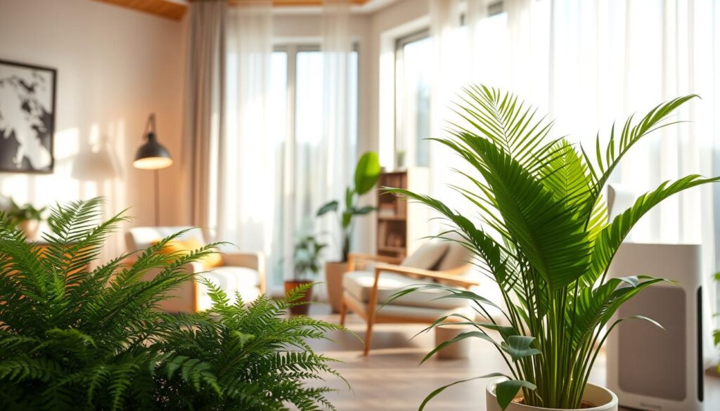 A serene indoor oasis designed for clean air and healthy living. In the foreground, a stylish indoor plant arrangement with lush green foliage, including ferns and palms, nestled in modern pots. The middle features a well-lit, airy room with large windows allowing natural sunlight to filter through sheer curtains, casting soft shadows. A comfortable reading nook with a cozy armchair and a small bookshelf filled with health-focused literature enhances the inviting atmosphere. The background showcases an indoor air purifier, discreetly integrated into the decor, emphasizing a focus on clean air. Use warm, soft lighting to create a calming ambiance, evoking a sense of tranquility and well-being, perfect for a healthy indoor environment. A serene indoor oasis designed for clean air and healthy living. In the foreground, a stylish indoor plant arrangement with lush green foliage, including ferns and palms, nestled in modern pots. The middle features a well-lit, airy room with large windows allowing natural sunlight to filter through sheer curtains, casting soft shadows. A comfortable reading nook with a cozy armchair and a small bookshelf filled with health-focused literature enhances the inviting atmosphere. The background showcases an indoor air purifier, discreetly integrated into the decor, emphasizing a focus on clean air. Use warm, soft lighting to create a calming ambiance, evoking a sense of tranquility and well-being, perfect for a healthy indoor environment.