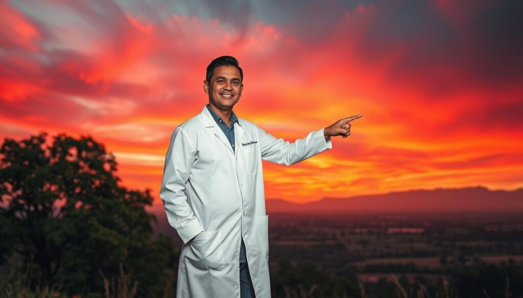 A serene landscape featuring a vibrant sky painted in shades of deep crimson and orange, illustrating the phenomenon of a blood-red sky over Pandeglang. In the foreground, a professional meteorologist in a crisp white shirt and lab coat is standing confidently, pointing to the sky with an assured expression, conveying a sense of calmness. The middle ground includes trees and countryside, bathed in warm light from the red sky, symbolizing nature’s beauty rather than danger. In the background, distant mountains gently fade into the horizon. The atmosphere is tranquil yet captivating, with soft illumination that highlights the meteorologist's features, creating a sense of assurance and clarity. The angle is slightly elevated, offering a panoramic view of the environment. A serene landscape featuring a vibrant sky painted in shades of deep crimson and orange, illustrating the phenomenon of a blood-red sky over Pandeglang. In the foreground, a professional meteorologist in a crisp white shirt and lab coat is standing confidently, pointing to the sky with an assured expression, conveying a sense of calmness. The middle ground includes trees and countryside, bathed in warm light from the red sky, symbolizing nature’s beauty rather than danger. In the background, distant mountains gently fade into the horizon. The atmosphere is tranquil yet captivating, with soft illumination that highlights the meteorologist's features, creating a sense of assurance and clarity. The angle is slightly elevated, offering a panoramic view of the environment.