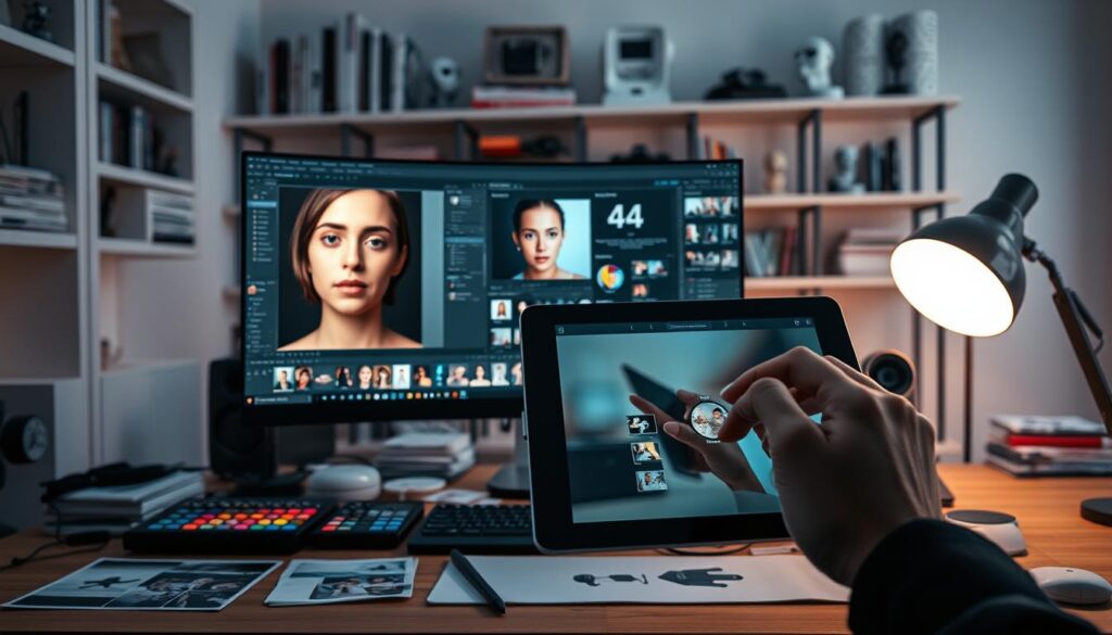 A surreal digital workspace showcasing a computer screen displaying a photo editing software interface. In the foreground, a close-up of a hand interacting with a tablet, demonstrating unnatural editing results, with an unnatural face and overly saturated colors visible on the screen. In the middle ground, a neat desk cluttered with professional editing tools like a graphic tablet, color palettes, and printed reference photos. The background features soft-focus shelves filled with photography books and AI technology models, bathed in soft, diffused lighting that creates an inviting but slightly disconcerting atmosphere. The mood evokes a mix of creativity and concern, highlighting the challenges of producing unrealistic photo edits while maintaining professional integrity. A surreal digital workspace showcasing a computer screen displaying a photo editing software interface. In the foreground, a close-up of a hand interacting with a tablet, demonstrating unnatural editing results, with an unnatural face and overly saturated colors visible on the screen. In the middle ground, a neat desk cluttered with professional editing tools like a graphic tablet, color palettes, and printed reference photos. The background features soft-focus shelves filled with photography books and AI technology models, bathed in soft, diffused lighting that creates an inviting but slightly disconcerting atmosphere. The mood evokes a mix of creativity and concern, highlighting the challenges of producing unrealistic photo edits while maintaining professional integrity.