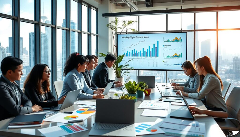 A vibrant digital workspace scene showcasing promising digital business ideas in Indonesia. In the foreground, a diverse group of professionals, dressed in business attire, collaborate around a large table filled with laptops, tablets, and colorful charts. In the middle ground, a large digital screen displays graphs and data analytics, while a potted plant adds a touch of greenery. In the background, the urban skyline of Jakarta can be seen through large windows, under natural daylight that floods the room, creating an energetic atmosphere. The image captures a sense of innovation, teamwork, and a forward-thinking digital economy. The composition should have a professional, inspiring feel, inviting viewers to envision success in the digital business landscape. A vibrant digital workspace scene showcasing promising digital business ideas in Indonesia. In the foreground, a diverse group of professionals, dressed in business attire, collaborate around a large table filled with laptops, tablets, and colorful charts. In the middle ground, a large digital screen displays graphs and data analytics, while a potted plant adds a touch of greenery. In the background, the urban skyline of Jakarta can be seen through large windows, under natural daylight that floods the room, creating an energetic atmosphere. The image captures a sense of innovation, teamwork, and a forward-thinking digital economy. The composition should have a professional, inspiring feel, inviting viewers to envision success in the digital business landscape.